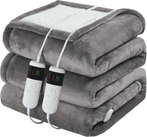 Vista 21 de Manta térmica eléctrica de 50 x 60 pulgadas, manta eléctrica de franela suave y sherpa con 10 niveles de calefacción, se apaga automáticamente