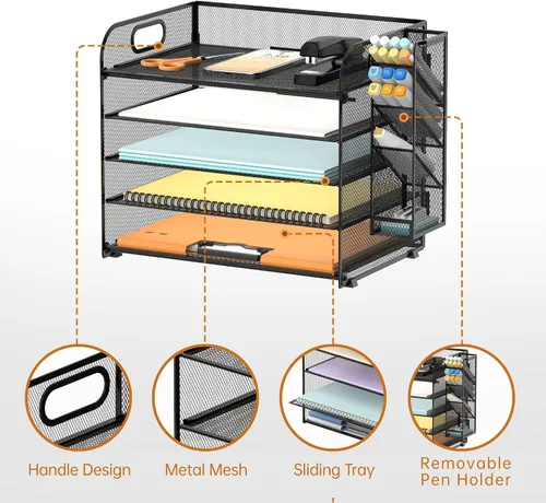 Vista 3 de SUPEASY Organizador de escritorio de 5 niveles con asa y soportes extraíbles para bolígrafos, organizador de papel de malla/archivos para Negro