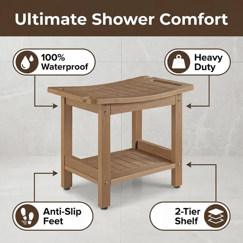 Vista 8 de Taburetes de ducha resistentes, bancos de ducha para ducha interior, banco de ducha de plástico de madera de polietileno impermeable, taburetes