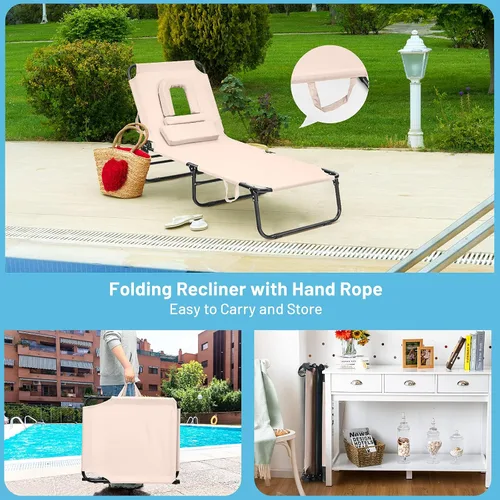 Vista 8 de Sillón plegable de playa con 5 respaldos ajustables y almohada acolchada, tumbona para tomar el sol, silla plana de bronceado para cubierta de Beige