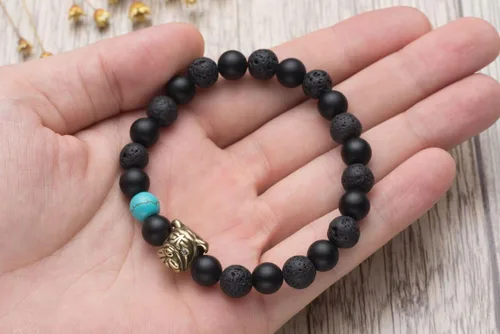 Vista 4 de Karseer Pulsera de perlas de ónix natural y roca de lava para perro, regalo de amistad, unisex
