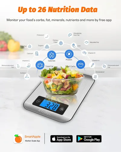 Vista 2 de Báscula inteligente para alimentos, resolución de 0.04 oz máx. 11.0 lbs 11 libras, acero inoxidable