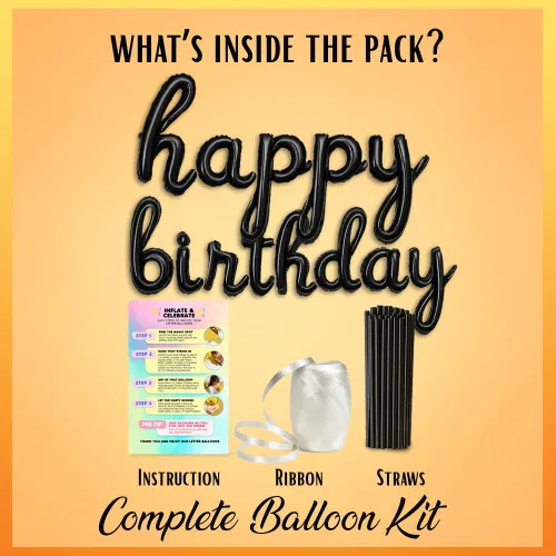 Vista 4 de Cartel de globos negros de feliz cumpleaños Letrero de globo de letra plateada con escritura cursiva para decoración de fiesta de cumpleaños