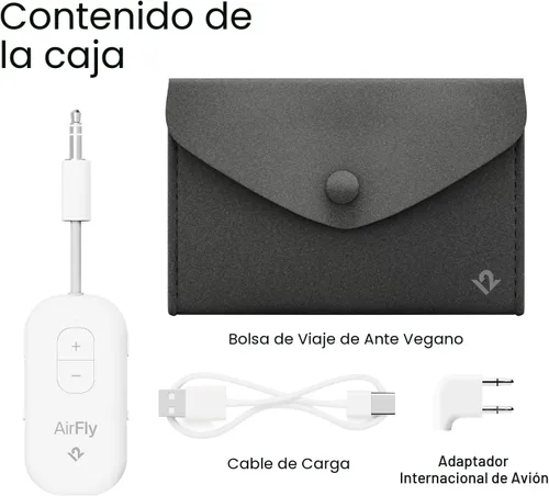 Vista 5 de AirFly Pro 2 Deluxe - Adaptador Bluetooth para avión, conecta 2 AirPods o auriculares inalámbricos - Transmisor/receptor Bluetooth AUX de 3.5mm