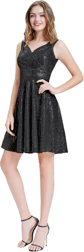 Vista 4 de Grace Karin - Vestido de fiesta de terciopelo con lentejuelas y cuello en V para mujer, con purpurina, vestido de noche de encaje acampanado
