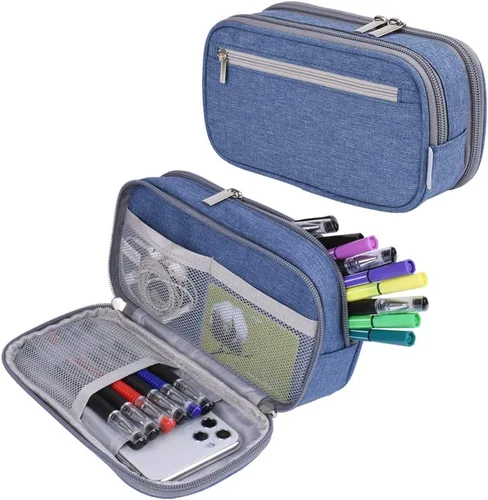 Vista 11 de Estuche para lápices de gran capacidad, bolsa grande de almacenamiento para lápices, bolsa con 3 compartimentos multifuncionales, estuches para Negro