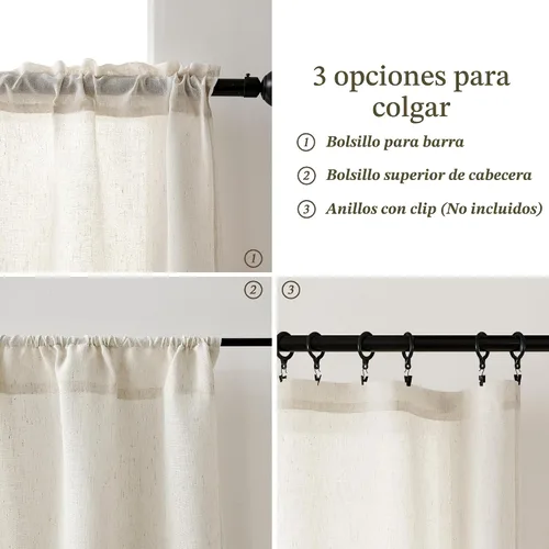 Vista 8 de Cortinas de cocina de lino semitransparentes beige de 24 pulgadas