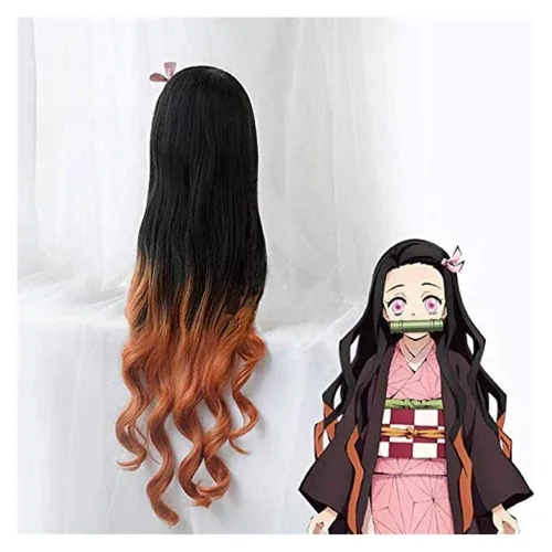 Vista 3 de MAGGAZ Anime Kamado Nezuko Cosplay Wig Blade of The Demon Slayer Kimetsu no Yaiba Halloween Anime Curly Hair Mixed Black Brown + Wig Cap KEEBON