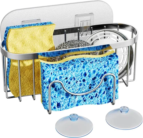 Vista 16 de HapiRm Organizador de esponja multifuncional con forma única en M, 2 métodos de instalación, organizador de fregadero de cocina, organizador