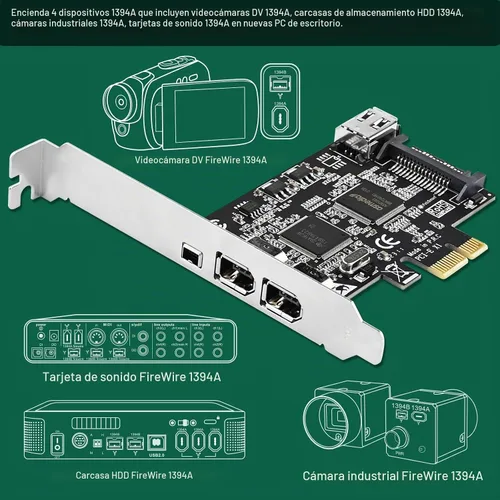 Vista 4 de Tarjeta de expansión PCIE Firewire 400 1394A de 4 puertos, Texas Instruments TI TSB43AB23, Plug and Play en PC de escritorio Windows y MAC, 3