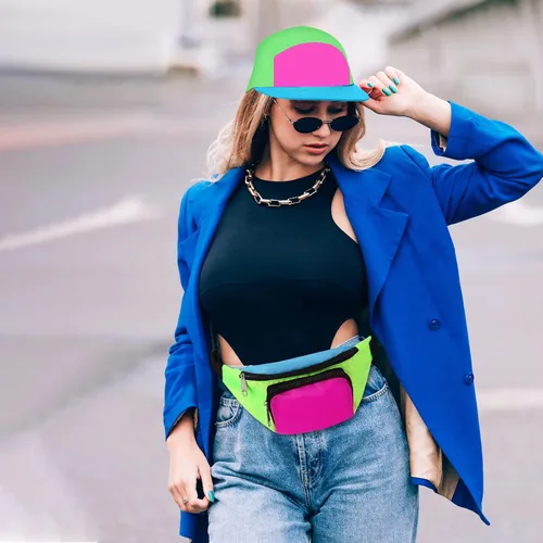 Vista 7 de Cindeer Paquete de 2 riñoneras de neón de los años 80 y 90 para mujer, sombrero de neón, cangurera retro para fiesta de los años 80 y 90, festival