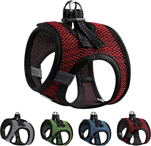 Vista 8 de Arnés suave para perro pequeño, extra pequeño, arnés de malla para cachorros, arnés ajustable reflectante sin tirones para perros pequeños y gatos