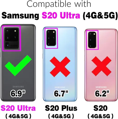 Vista 2 de Funda de teléfono para Samsung Galaxy S20 Ultra 5G con protector de pantalla de vidrio templado, funda de cuero con tapa para tarjetero, accesorios