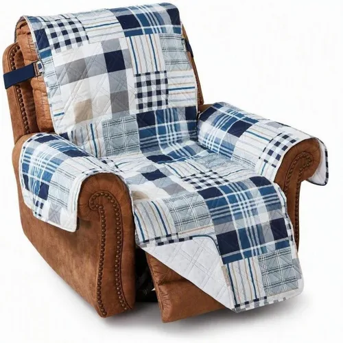 Vista 2 de Brilliant Sunshine Funda acolchada para sillón reclinable con diseño de retazos de cuadros azules y rayas, 26 pulgadas de ancho de asiento