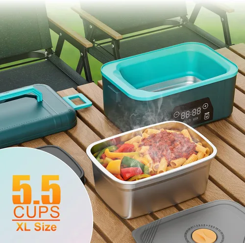 Vista 6 de Fiambrera eléctrica inalámbrica para adultos, 5.5 tazas recargable, con calefacción automática, calentador de alimentos con función de memoria y Azul