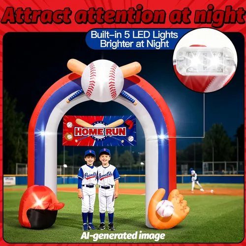 Vista 3 de Arco inflable gigante de béisbol de 9 pies para decoración de fiesta de campo de béisbol Baseball Blow-Up With Home Run Banner 1 Blower and 5