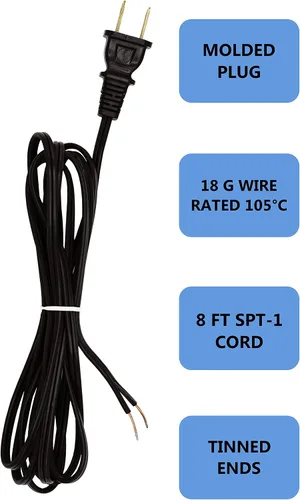 Vista 4 de Creative Hobbies Cable de lámpara negro de 8 pies de largo, SPT-1, calibre 18, cable de alimentación con certificación UL para reparación