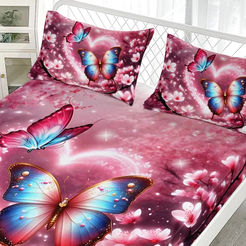 Vista 4 de AILONEN Juego de sábanas bajeras de mariposa y mariposa para niñas, juego de ropa de cama con diseño de mariposas y cerezos rosados, para regalo