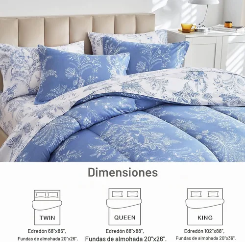Vista 5 de Flysheep Juego de edredón reversible floral tamaño individual, juego de ropa de cama con estampado botánico blanco y azul, microfibra ultra suave