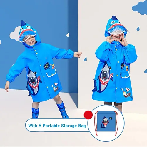 Vista 2 de Chubasquero para niños y niñas, poncho de lluvia Waterpoof, chaqueta de lluvia para niños, ropa impermeable de dibujos animados de 3 a 4 años