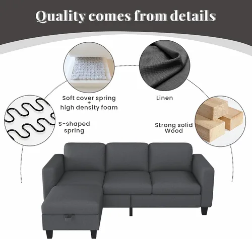 Vista 5 de Sofá modular para sala de estar, sofá en forma de L, pequeño modular de 3 asientos, cómodo lino con almacenamiento de asiento profundo, fundas