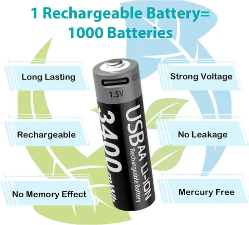 Vista 3 de Paquete de 4 baterías de litio recargables AA con cable de carga USB-C, 1000 ciclos, 1.5 V, 3400 mWh, baterías dobles A