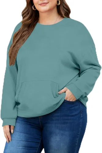 Vista 11 de Sudaderas de talla grande para mujer, sudadera casual de manga larga, color liso, cuello redondo, talla L-6XL