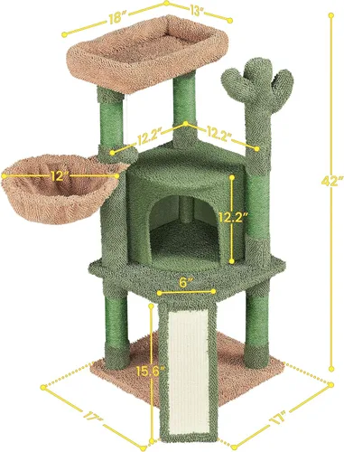 Vista 18 de Yaheetech - Torre de árbol de cactus beige de 42 pulgadas con postes rascadores y condominio