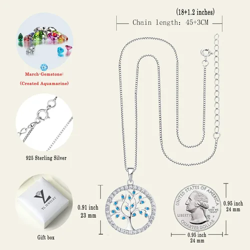 Vista 6 de YL Collar de árbol de plata de ley 925 con dije de esmeraldazafirogranateamatistacirconita, redondo, halo de vida familiar de joyería, Metal