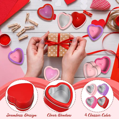 Vista 7 de Nuanchu 24 moldes de velas vacías para el día de San Valentín, latas de metal en forma de corazón rojo de 2 onzas con tapas de ventana