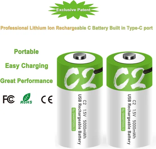 Vista 6 de Baterías C - Paquete de 2 baterías recargables C, batería de iones de litio de 5000 mWh, tamaño C, 1.5 V con cargador USB A a tipo C 2 en 1