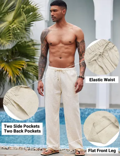 Vista 5 de COOFANDY Pantalones deportivos de lino, holgados, para hombre, ligeros, cintura elástica, para yoga y playa