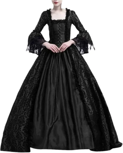 Vista 2 de SHOPESSA Vestido medieval de bruja para mujer, vestido largo de bruja fluido, manga acampanada, vestido casual de Arwen, disfraz de anime cosplay