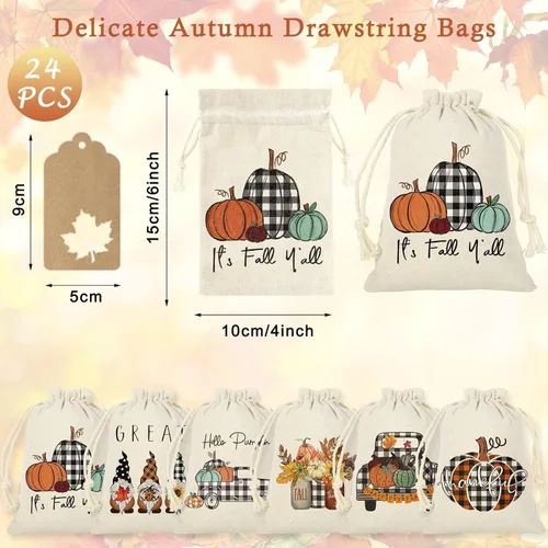 Vista 2 de Whaline 24 bolsas de arpillera de otoño de 4 x 6 pulgadas, gnomos a cuadros de búfalo, bolsas de calabaza con etiqueta de papel kraft de hoja