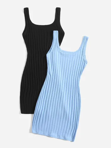 Vista 2 de SheIn Vestido corto sin mangas de punto acanalado liso para mujer, 2 piezas