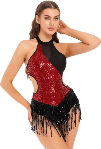 Vista 4 de Xnihocha Body de lentejuelas brillantes con flecos, leotardo sexy con borlas, traje de baile de jazz, vestido de una pieza para actuación en escen