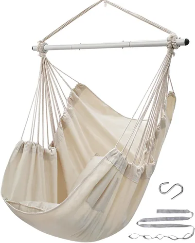 Vista 12 de ADVOKAIR - Silla tipo hamaca colgante grande, cómoda, suave y duradera, incluye 2 cojines de asiento 1 azul y blanco (con almohadas)