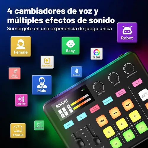 Vista 3 de [Usado] Mezclador de audio para gaming SINWE G1, interfaz de audio RGB con preamplificador profesional, Bluetooth, mezclador de PC para streaming