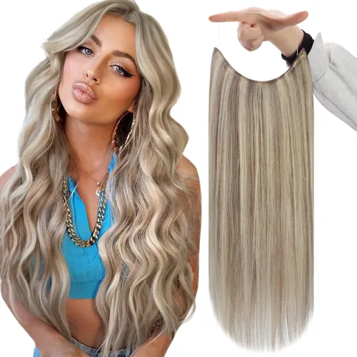 Vista 10 de Fshine - Extensiones de cabello con hilo invisible de 12 pulgadas, color rubio ceniza con reflejos de rubio decolorado, pieza de cabello humano real