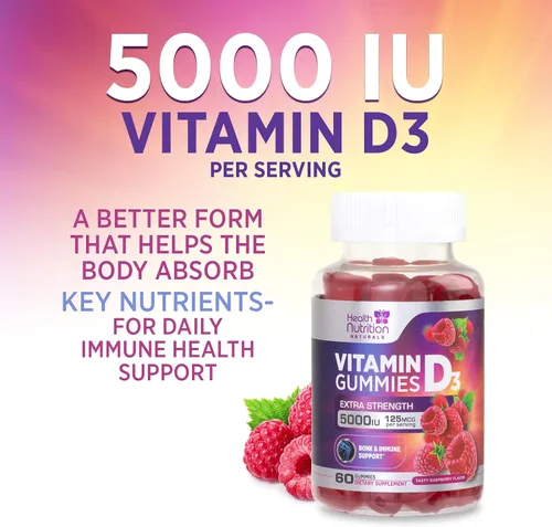 Vista 7 de Gomitas de vitamina D3 de 125 mcg (5000 UI) por porción, apoyo inmunológico y apoyo óseo, suplemento dietético de gomitas de vitamina D, suplemento