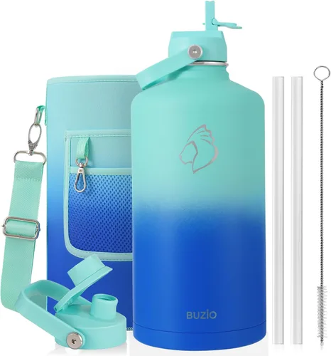 Vista 98 de BUZIO Botella de agua aislada de 24 oz, frasco de agua de boca ancha de acero inoxidable con tapa de pajita, frío durante 48 horas a prueba de Negro