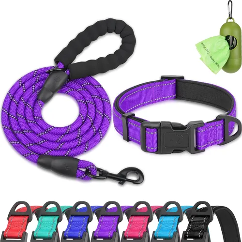 Vista 7 de Dynmeow - Juego de collar y correa reflectante para perro, correa de cuerda de escalada resistente de 6 pies con mango acolchado, collar ajustable
