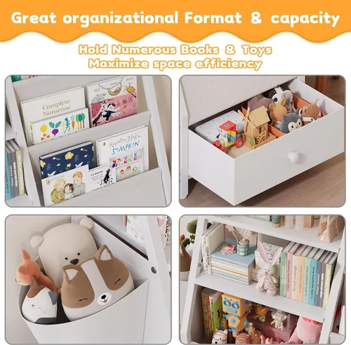 Vista 5 de Estantería infantil y organizador de almacenamiento de juguetes, estantería Montessori de 3 niveles para bebés y niños pequeños con bolsillos