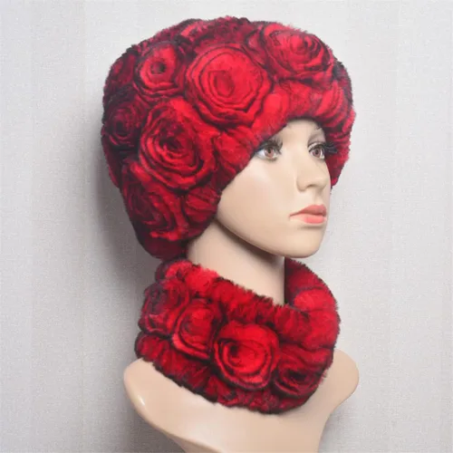 Vista 5 de Conjunto de sombreros de invierno para mujer, gorro de piel elástica, gorro de bufanda para mujer, sombrero de flores de rosa, suave, resistente al