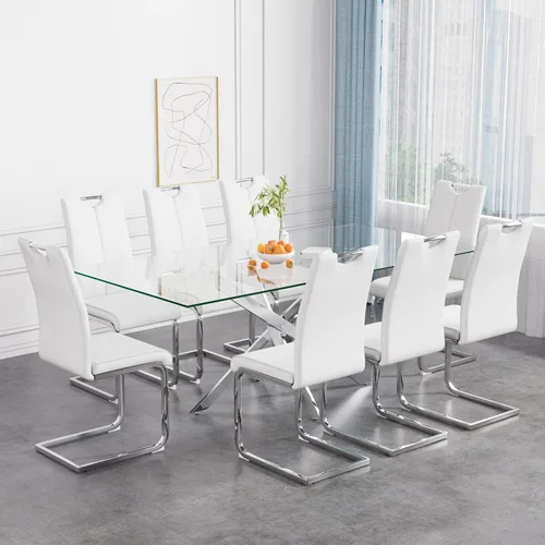 Vista 28 de Juego de mesa de comedor de 36 pulgadas para 4, moderna parte superior cuadrada de vidrio templado, mesa de patas de acero inoxidable con acabado