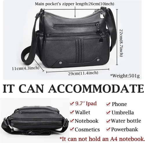 Vista 3 de Bolso bandolera de piel sintética suave para mujer, bolso cruzado con múltiples bolsillos, bolso cruzado mediano espacioso a la moda con asa superior