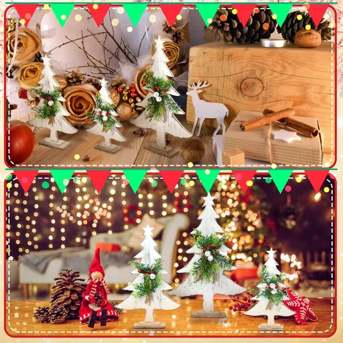 Vista 6 de 3 piezas de decoración de árbol de Navidad en madera estilo granja, árboles de Navidad de madera rústicos pequeños con lijas de arena, estrellas