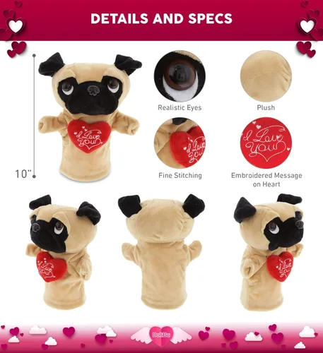 Vista 3 de DolliBu Marioneta de peluche con diseño de perro I Love You Dog Pug – Lindo animal de peluche con corazón y nombre personalizado para San Valentín