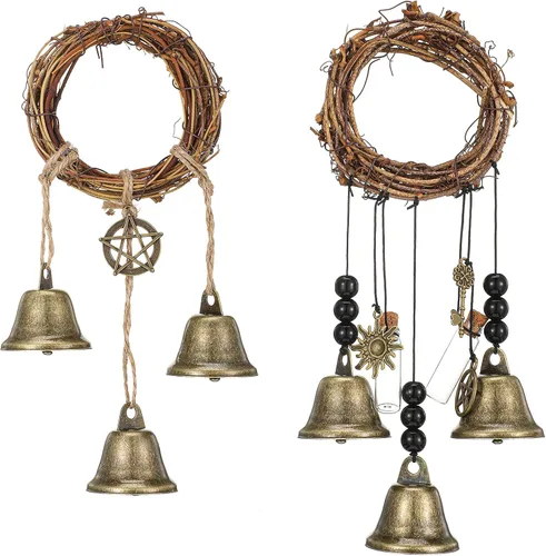 Vista 10 de Jetec 2 piezas de campanas de bruja para proteger las puertas, campanas de viento de bruja, corona hecha a mano para decoración de puerta del hogar