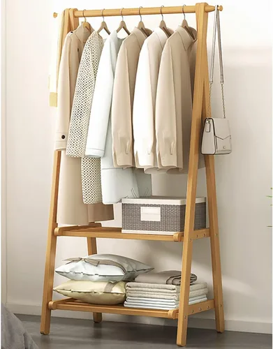 Vista 13 de Perchero de madera de bambú, con estantes de almacenamiento, estante para colgar ropa, para entrada, sala de estar, dormitorio